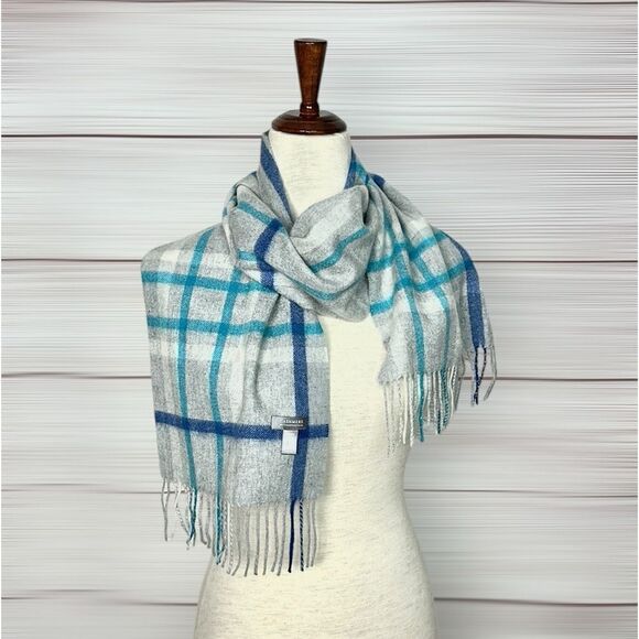 Charter Club Cashmere Scarf Gray Blue Plaid with Fringes Women’s Men’s - Picture 5 of 9